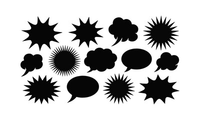 Modern vector illustration collection of black silhouette comic speech bubbles, action bursts, including jagged starbursts, cloud puffs, sharp angular rays, and spiky dialogue frames, easily editable.