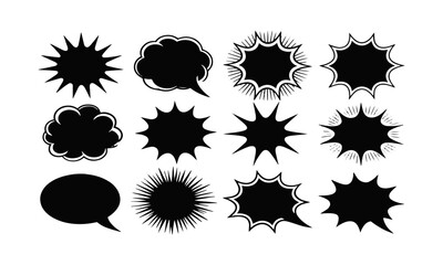 Modern vector illustration collection of black silhouette comic speech bubbles, action bursts, including jagged starbursts, cloud puffs, sharp angular rays, and spiky dialogue frames, easily editable.