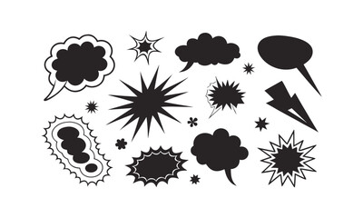 Modern vector illustration collection of black silhouette comic speech bubbles, action bursts, including jagged starbursts, cloud puffs, sharp angular rays, and spiky dialogue frames, easily editable.