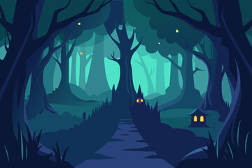 Enchanted forest path leading to a spooky house at night