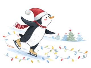 Festive Penguin Ice Skating with Christmas Lights and Trees