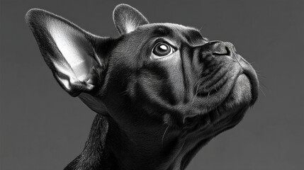 French bulldog puppy looking up with soft expression, black and white, closeup portrait, studio lighting, smooth fur texture