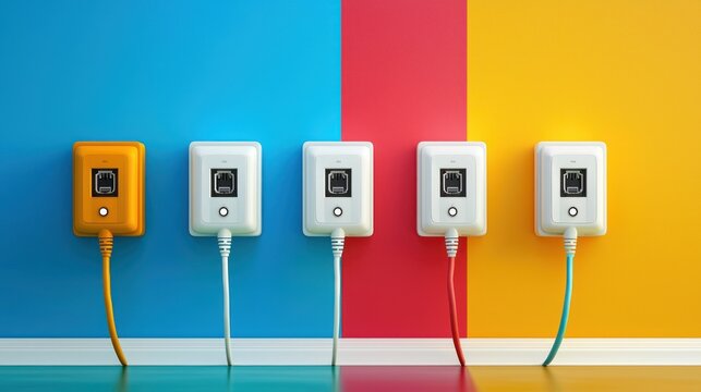 A row of five white and yellow electrical outlets against a multicolored wall.