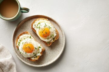 Delicious breakfast of toasted bread topped with fried eggs and herbs alongside a cup of warm coffee