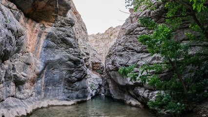 a river in a stone canyon. a river in the mountains