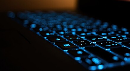 Luminous Blue Backlit Keyboard Glowing in Darkness with Soft Focus and Bokeh