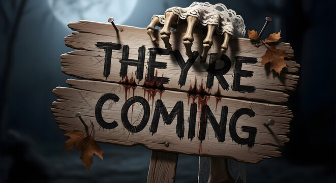 Spooky Halloween Decoration with Severed Skeleton Hand Holding THEY'RE COMING Sign, Moonlight Illuminating Scratch Marks - Creepy Halloween Decor - Powered by Adobe