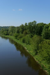Calm riverbank lined with lush greenery under a clear blue sky during midday in a scenic natural setting