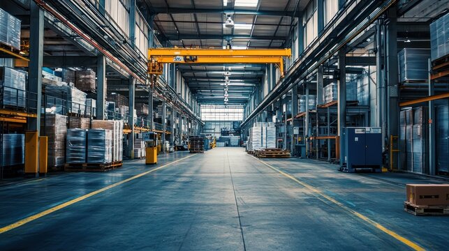 A large, empty warehouse with a yellow crane and various storage racks filled with boxes and pallets.