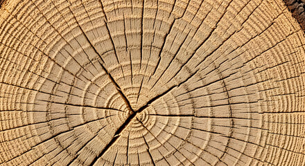 Fototapeta premium Detailed macro view of a wooden log's cross-section with annual growth rings and deep radial cracks creating a natural whisk pattern.