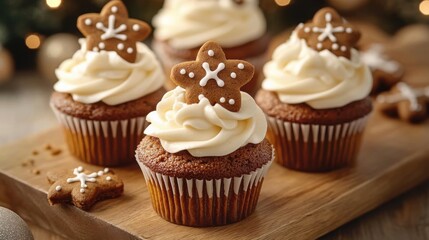 Christmas gingerbread cupcakes with cream cheese frosting and mini gingerbread cookies on top on a wooden board. Festive dessert
