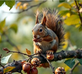 Forest squirrel on a branch. A lonely squirrel sits on an oak tree with hanging acorns. Picture for decoration