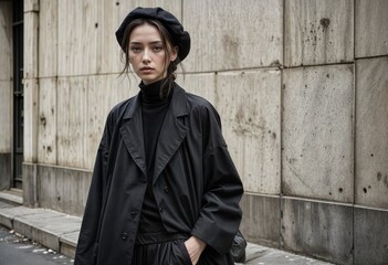 Obraz premium Minimalist fashion editorial with monochrome tones, oversized jacket, and soft lighting, perfect for modern branding, luxury campaigns, and contemporary style promotions.