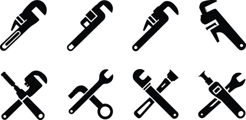 Collection of industrial pipe wrench and spanner tool icons in silhouette