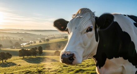 Close Up of Black and White Cow in Rolling Green Hills at Sunrise