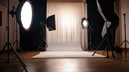 A professional photography studio with a white backdrop and various lighting equipment.