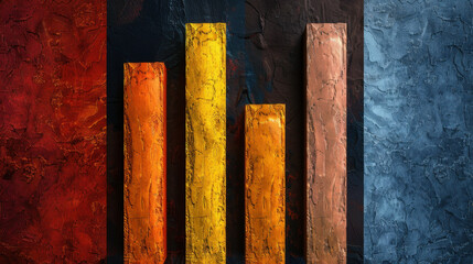 Colorful bar graph representing profit and loss, featuring textured vertical bars red, yellow, orange, and brown against dark background. This artistic composition evokes sense of growth