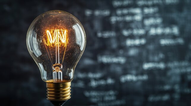 A vintage light bulb with a glowing filament on a blackboard background.