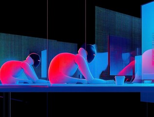 Futuristic Digital Workspace with Abstract Human Figures in Neon Glow