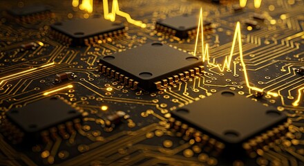 Luminous gold data waveform pulsing over a high-tech motherboard's microprocessors.