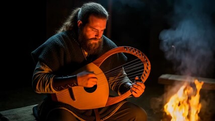 Viking scop performs with six stringed lyre by the fire in rustic setting