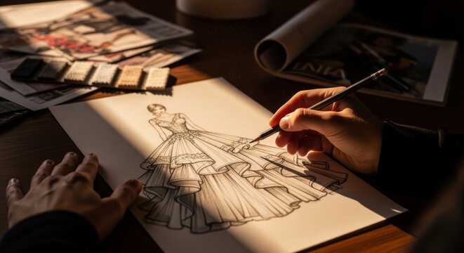 Fashion Designer Sketching Dress Design with Pencil on Paper