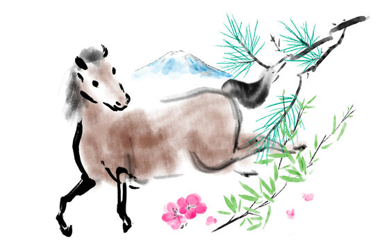 午の水彩画イラスト　和風年賀状