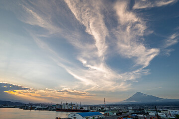 Japan industrial factory area with Fuji mountain and blue sky background view from Fishing port, Fujinomiya City, Shizuoka, Japan