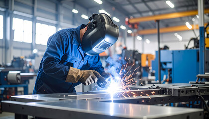 Welder working with metal producing sparks in an industrial setting