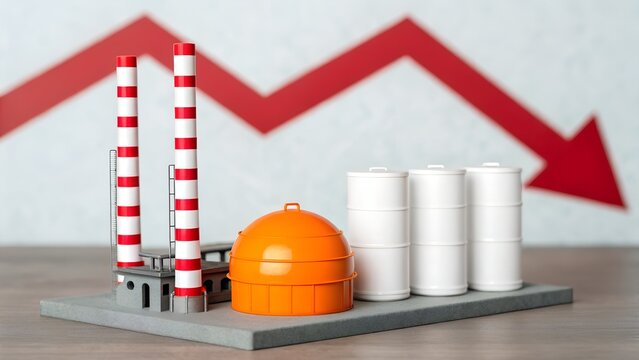 Industrial Decline &ndash; Factory Model, Economic Downturn, Production Reduction, Abstract, Conceptual, Red Arrow, Chimneys, Tanks
