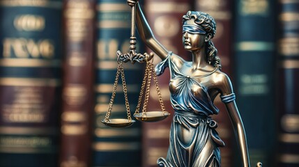 A statue of Lady Justice with a scale and sword in front of a row of books.