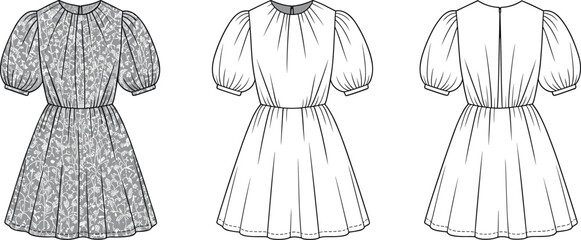 Puff sleeve dress fashion flat sketch, technical drawing of women's dress, front and back view template, vector design for clothing illustration