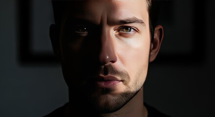 Intense Man Portrait Half in Shadow with Focused Green Eyes Staring