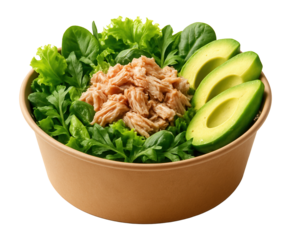 Cardboard bowl of salad with tuna flakes and avocado.