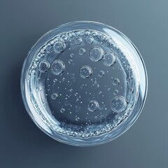 Clear Water Bubble Surface in Round Glass Container on Gray Background