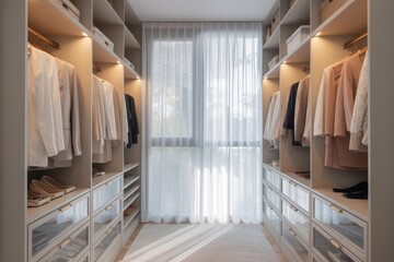 Wellorganized walkin closet with shelves, drawers, and hanging clothes in a modern home