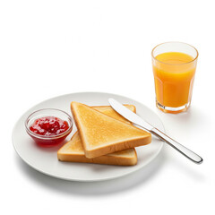 Delicious homemade breakfast with sweet orange jam and fruit pancakes on a white plate