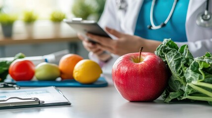 A doctor using a tablet with fresh fruits and vegetables on a desk.