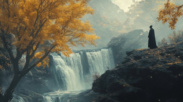 man standing cliff overlooking waterfall magical tree inspiring zen woman black robes place still offset