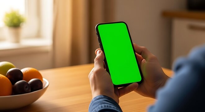 Person holding a smartphone with a green screen in a domestic environment - Powered by Adobe