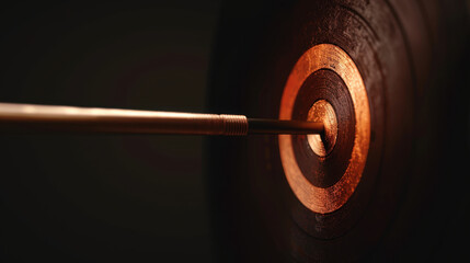 Close up view of target with arrow striking center, showcasing precision and focus. dark background enhances metallic sheen of target, creating dramatic effect