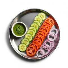Fresh, healthy vegetables including cucumber, tomato, and green salad on a white plate