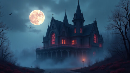 Obraz premium Moody Atmospheric Spooky Mansion at Night with Full Moon Illustration