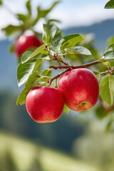 Vibrant red apples dangle from lush green branches in an idyllic orchard under warm sunlight and rolling forested hills