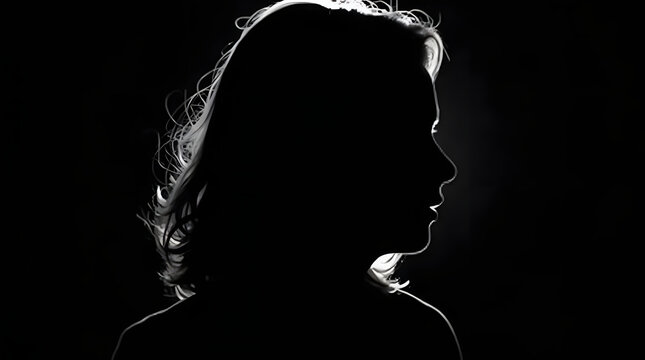 A dramatic black and white silhouette of a person's profile with rim lighting. Anonymous and mysterious concept. Portrait of an unknown individual.