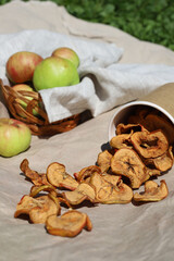 dried apples in a brown paper cup and fresh apples in a wicker basket standing outside in sunny weather