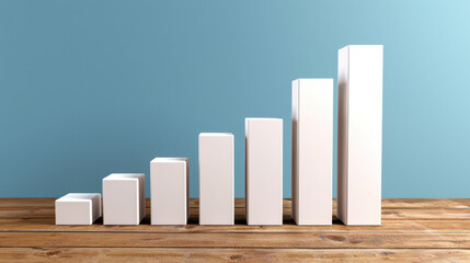 Minimalist financial graph showing growth with white blocks on wooden surface against blue background, representing progress and success in business