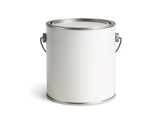 A clean white metal paint can with a silver handle and lid showcasing a blank label for customization isolated on transparent background
