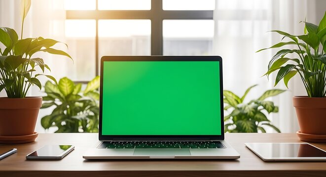 Laptop with green screen on wooden desk surrounded by plants in home office