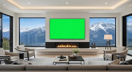 Fototapeta premium Modern living room with green screen tv, fireplace, and mountain view